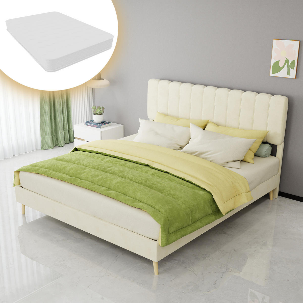 POLSTERBETT 160/200 cm mit hohem Kopfteil und Matratze, Beige - Beige, Textil (160/200cm) - Redom