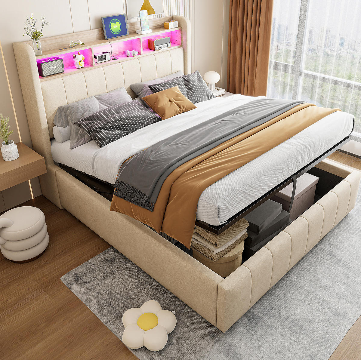 POLSTERBETT 140/200 cm Beige mit LED-Beleuchtung und hydraulischem Stauraum - Beige, Textil (140/200cm) - OKWISH