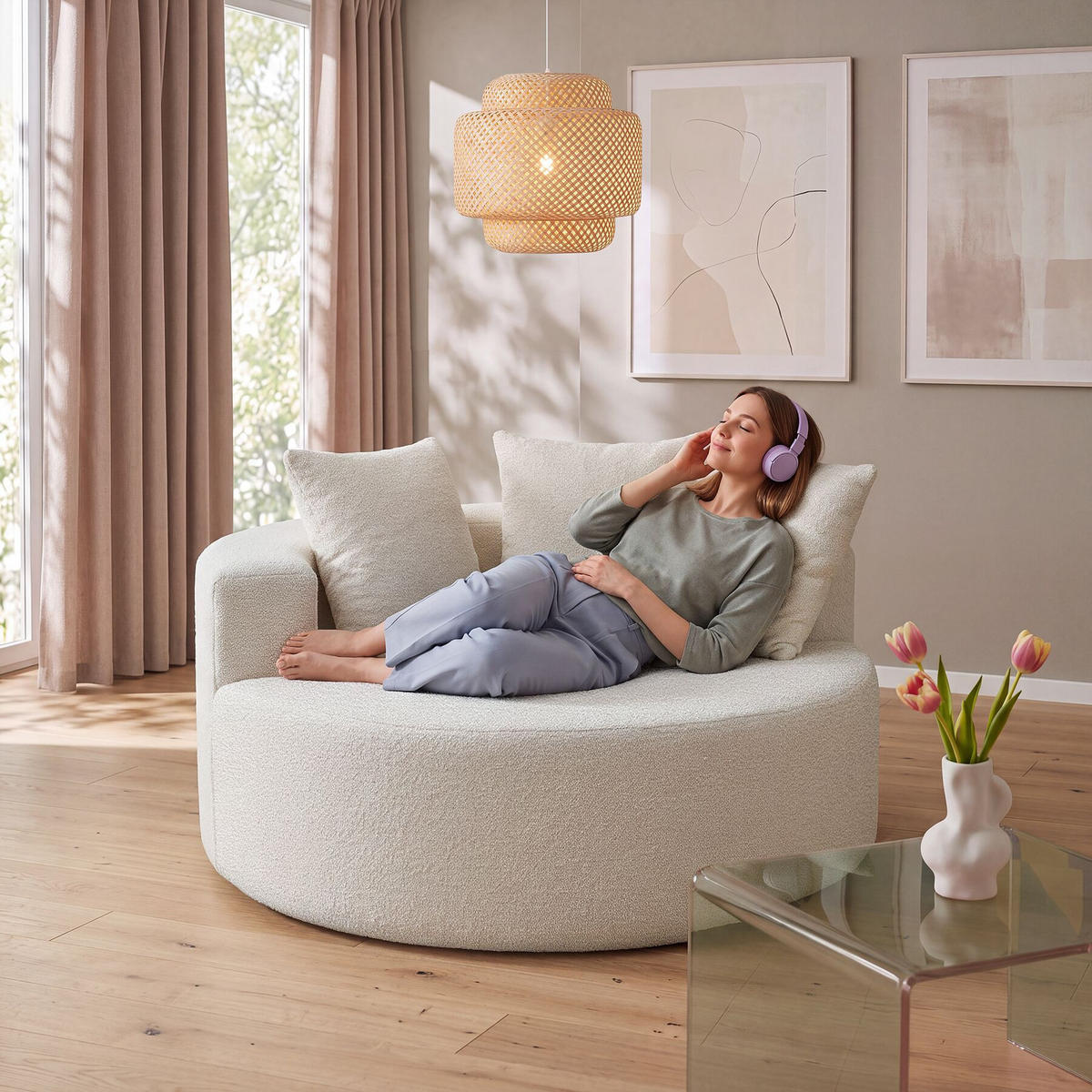 RELAXSESSEL Love, Ø 127 x 60 cm, mit 3 Kissen, Bouclé creme - Creme, Kunststoff/Textil (127/60/127cm) - tectake