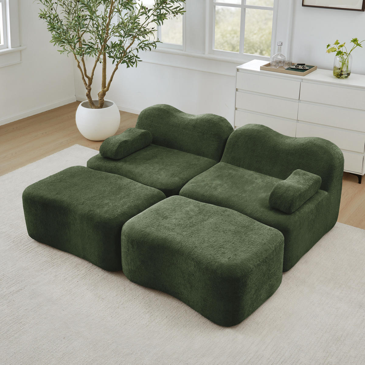 2-SITZER aus Samt Grün mit 2 Ottomane, rahmenloses Design und 32D-Hochdichtschaum - Grün, Textil (192/70/167cm) - Modfu