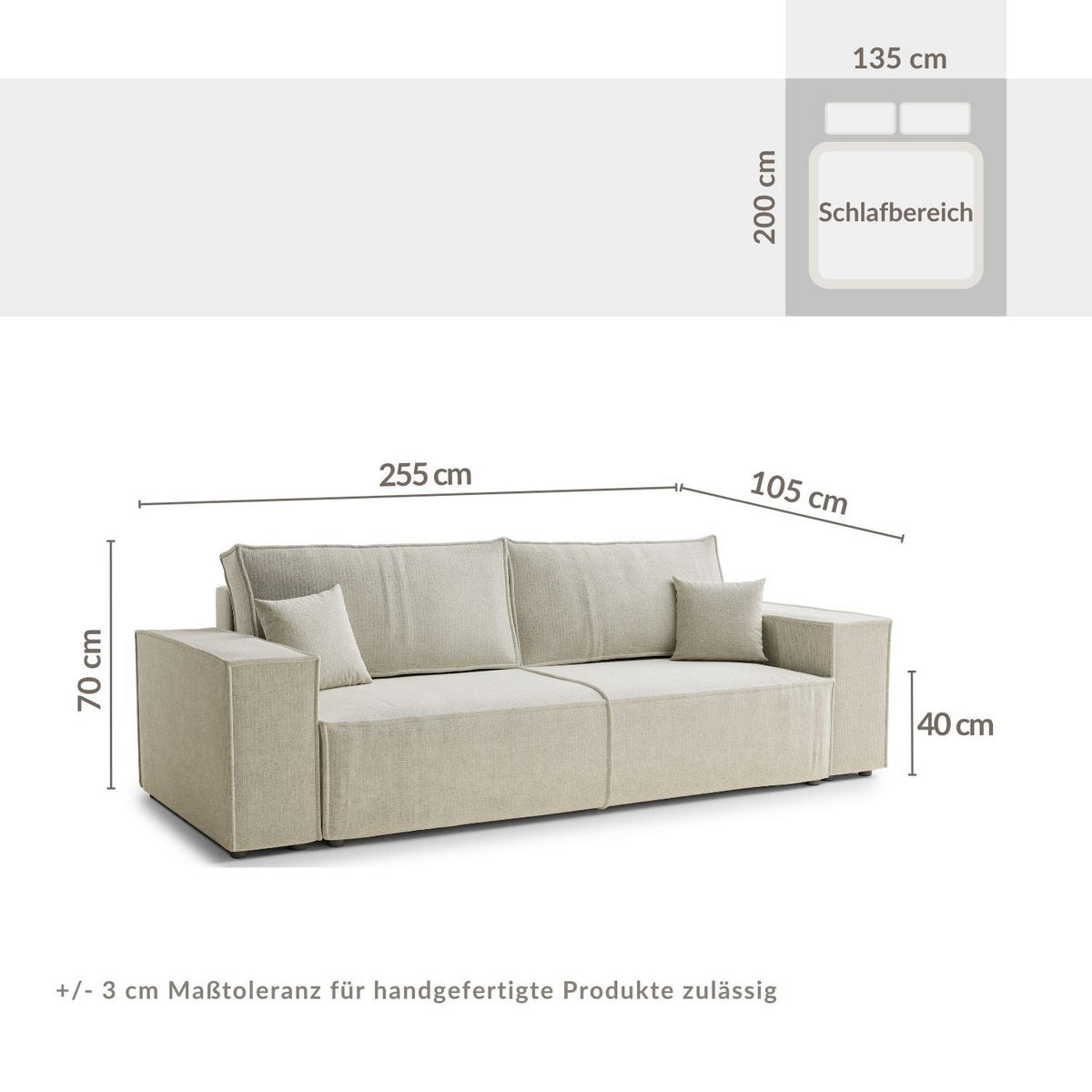 SOFA MIT SCHLAFFUNKTION Milos Taupe Chenille-Stoff - Taupe/Schwarz, Holz/Holzwerkstoff (255/70/105cm) - Maison de Reve