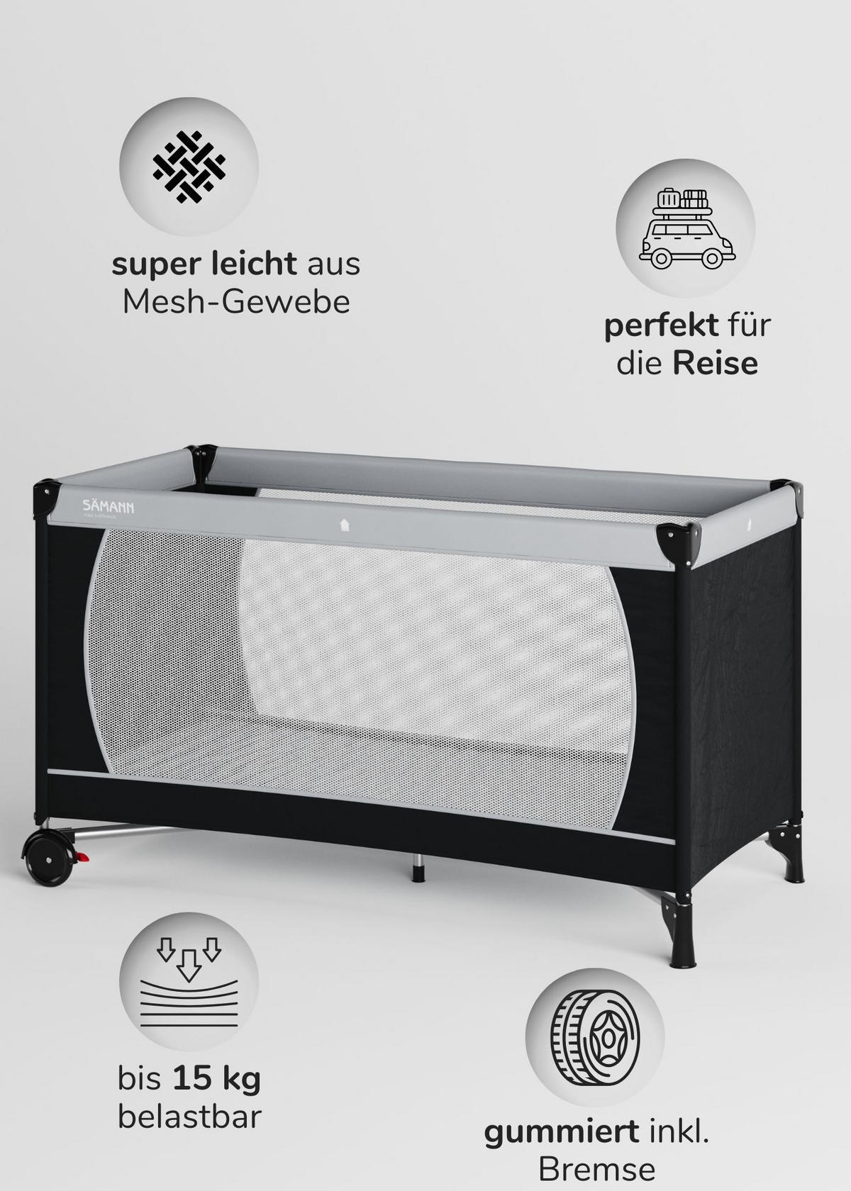 REISEBETT 60x120 cm - fold & go - mit Matratze SleepPlus, schwarz/grau - Schwarz/Grau, Kunststoff (60/120cm) - Sämann – make a difference.