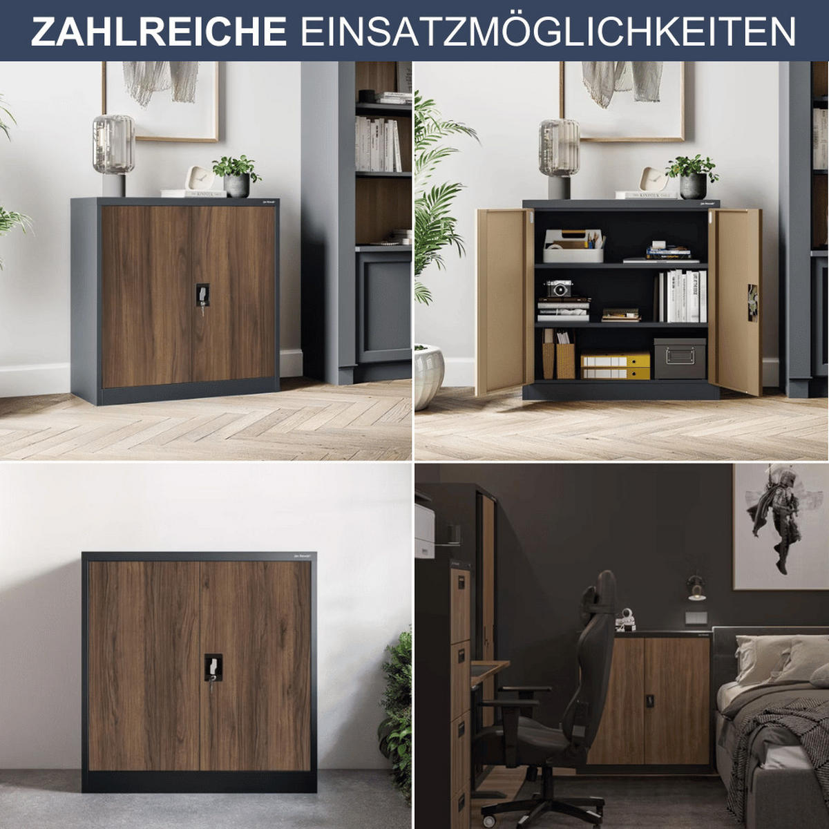 AKTENSCHRANK abschließbar KADO mit Flügeltüren 93x90x40cm Anthrazit-Nussbaum - Anthrazit, Metall (90/93/40cm) - DELUKE