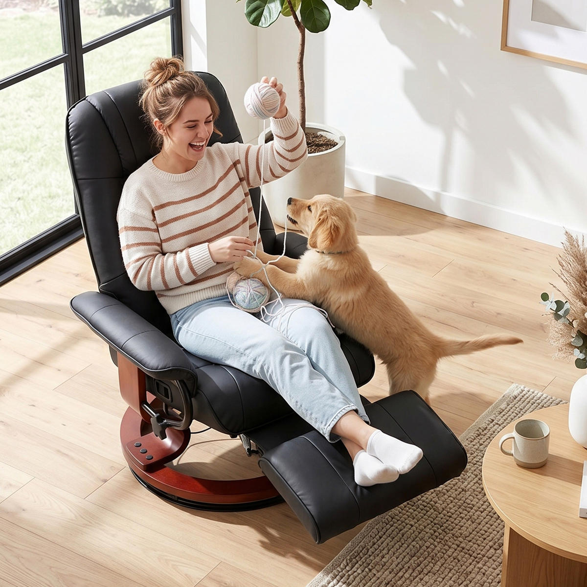 FERNSEHSESSEL Relaxsessel Liegesessel Kunstleder 360° Drehstuhl Holzfuß neigbar - Schwarz/Braun, Leder/Holz (87/100/78cm) - HOMCOM