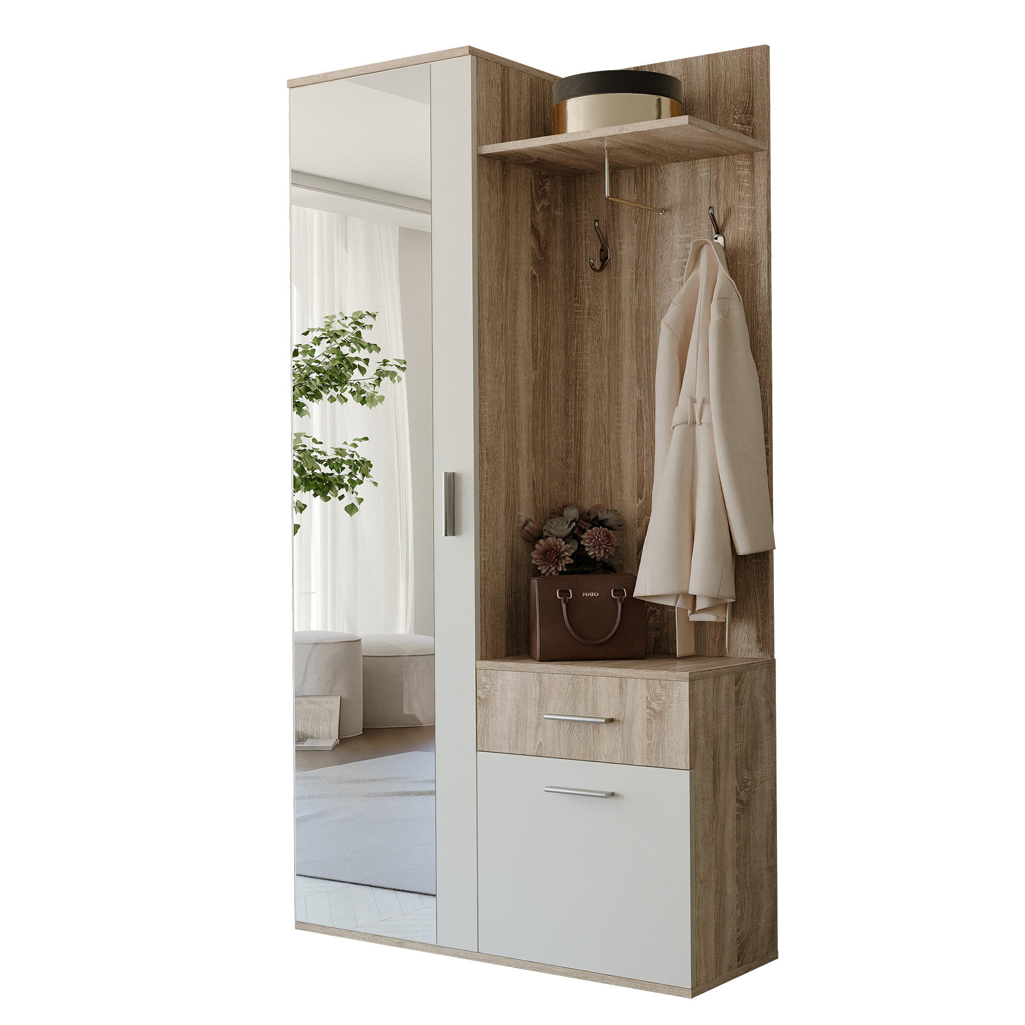 GARDEROBENSCHRANK mit Spiegel-mit Ablagen und Kleiderstange - Braun/Weiß, Holzwerkstoff (97/195/30cm) - Idohome