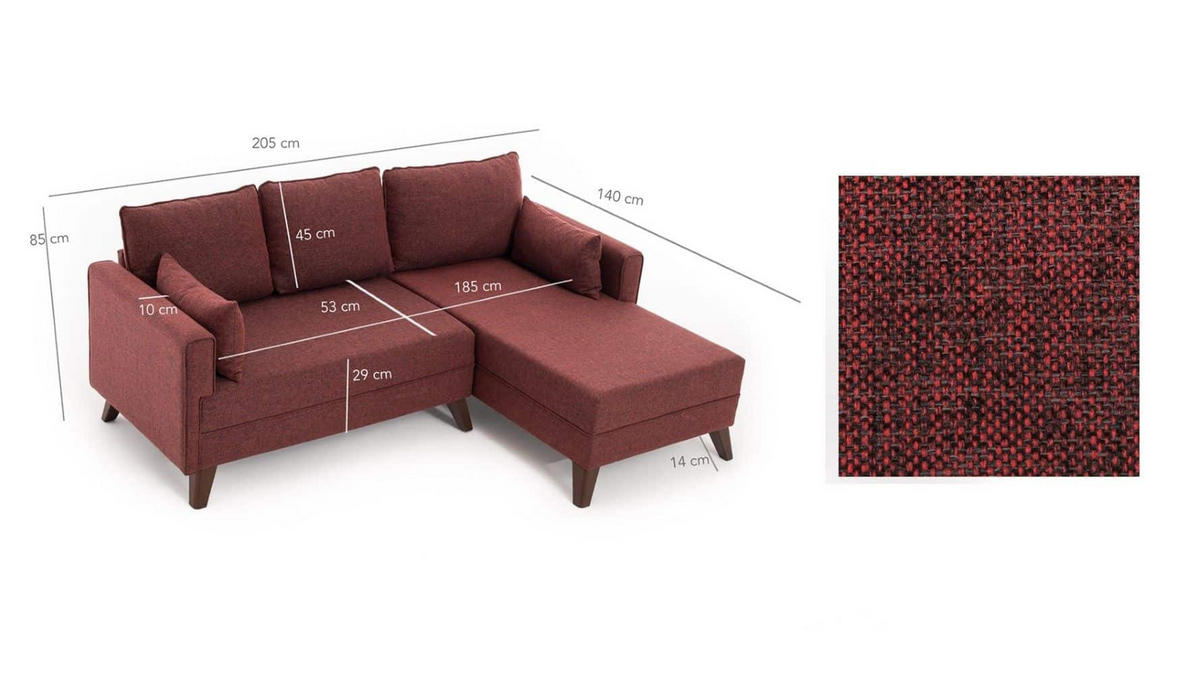 ECKSOFA mit Hocker als Schlaffläche, perfekt für kleine Räume - Rot/Braun, Holz/Kunststoff (140/205cm) - myHomelando