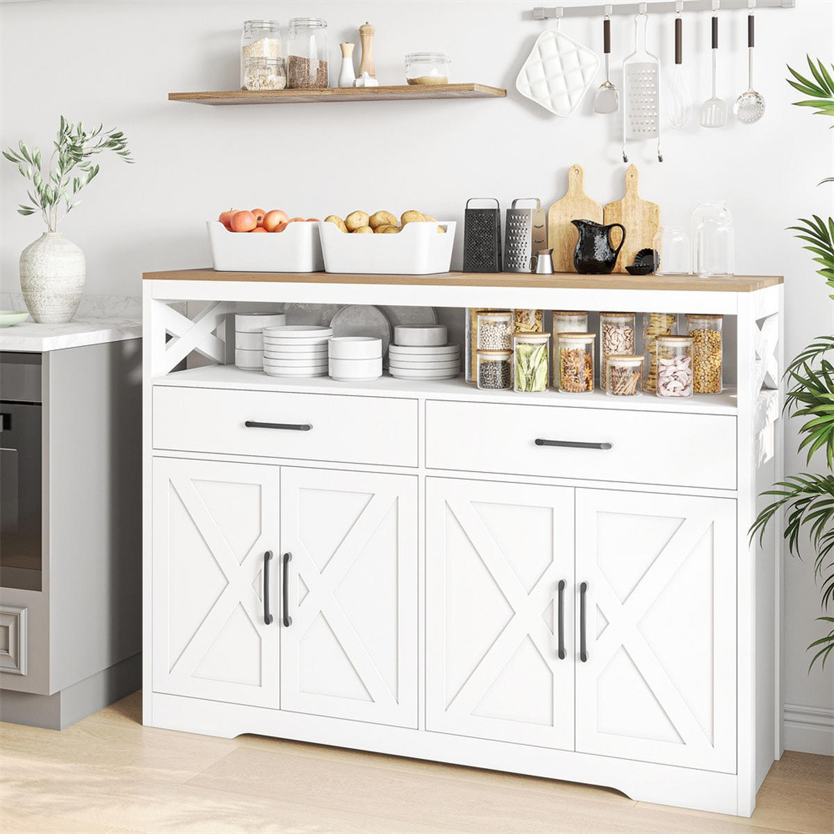 SIDEBOARD mit 2 Schubladen und 2 Türen - moderne skandinavische Optik und schwarze Griffe - Weiß und Natur - Weiß, Holzwerkstoff (140/105/40cm) - DELFA
