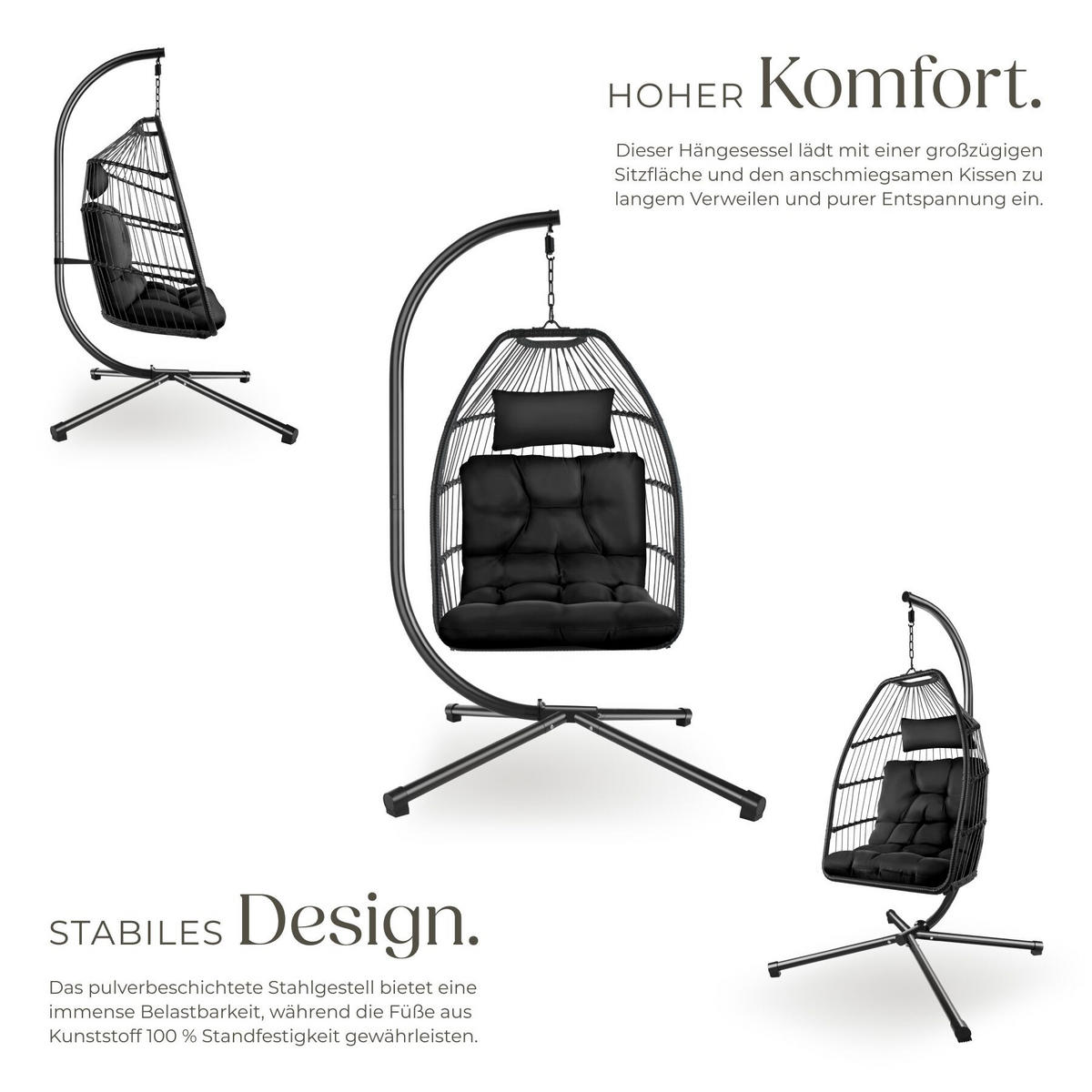HÄNGESESSEL Ariane, inklusive Schutzhülle, 98 x 107 x 202 cm, schwarz - Schwarz, Kunststoff/Textil (98/202/107cm) - tectake
