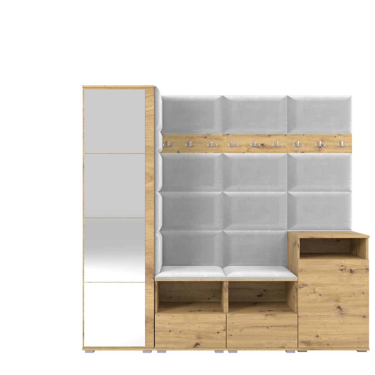 GARDEROBE NELA X 200 cm (Modulare Flurmöbel Artisan Eiche mit Spiegel & Sitzpolster Hellgrau 32 Schrank + Sideboard) - Silberfarben/Hellgrau, Holz/Holzwerkstoff (200/187/40cm) - Ravio