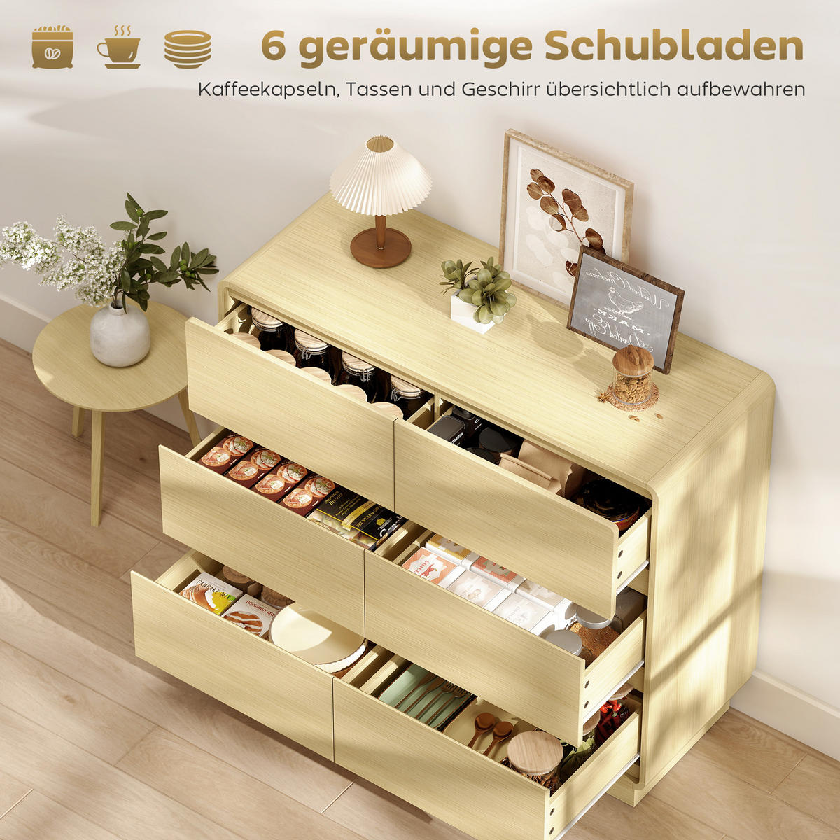 SIDEBOARD, Kommode mit 6 Schubladen, 100 cm Aufbewahrungsschrank Beistellschrank - Naturfarben, Holzwerkstoff (38/86/100cm) - HOMCOM