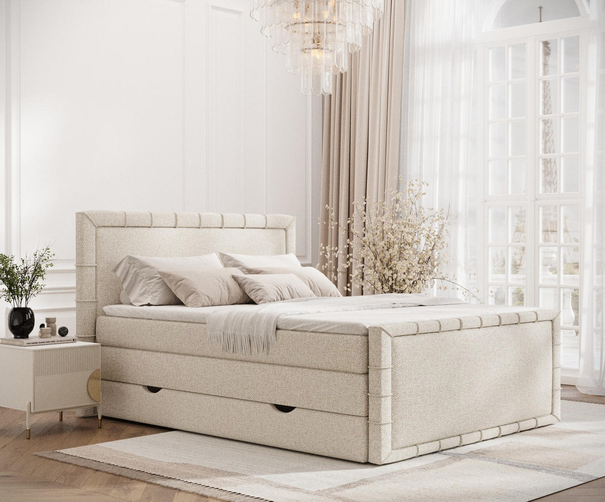 BOXBETT Estelle Creme 140/200 cm im Boucle-Stoff - Creme/Schwarz, Holz/Holzwerkstoff (140/200cm) - Maison de Reve