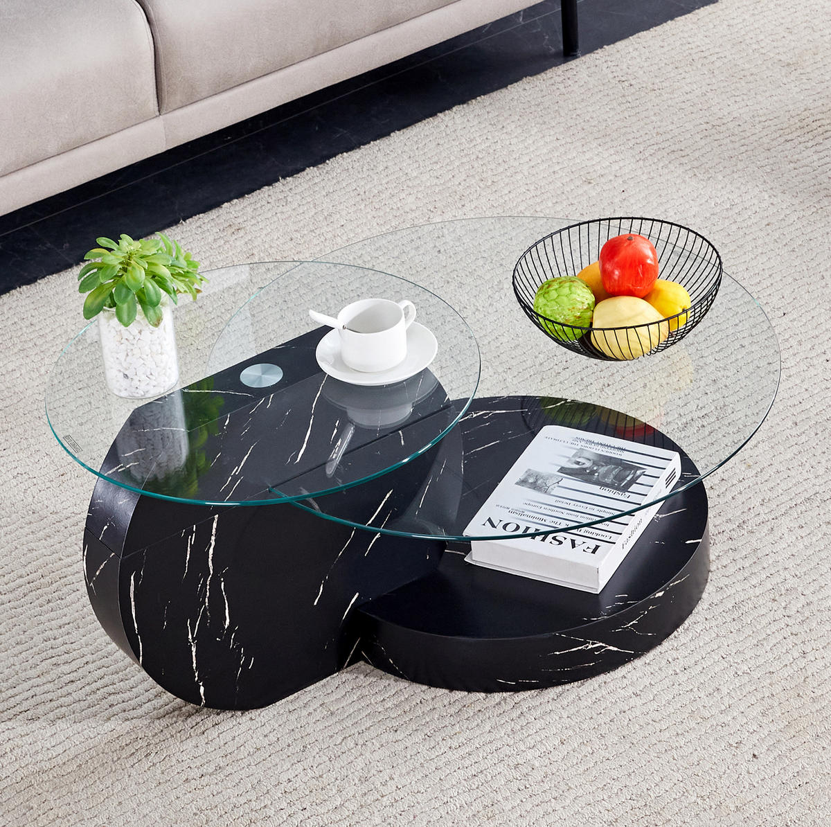 COUCHTISCH aus MDF und Glas 89x89x43 cm Schwarz/Transparent mit mehrstufigen Ablageflächen - Schwarz, Glas (89.9/89.9/43.2cm) - IVMEU