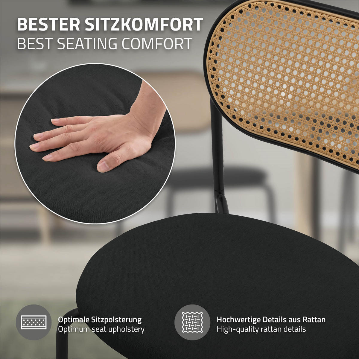 JÍDELNÍ ŽIDLE, SADA 2 KS, černý ratan - černá, kov (47/80.5/46cm) - ML-DESIGN