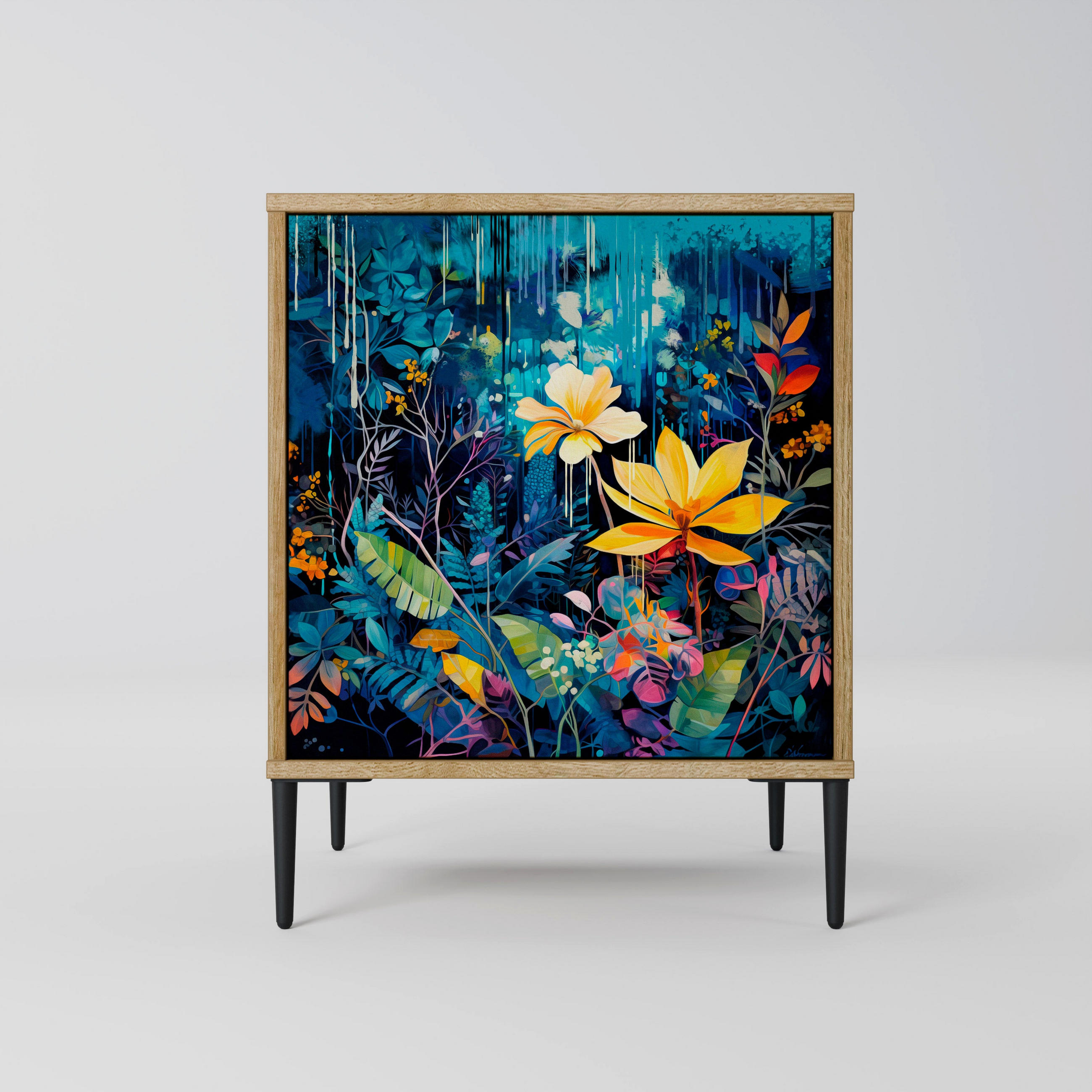 SIDEBOARD MIDNIGHT BLOSSOM, Eichefarben, 57,5x42x72,5 cm, Schwarze Metallfüße - Eichefarben/Multicolor, Holzwerkstoff/Metall (57.5/72.5/42cm) - SpaceRebels