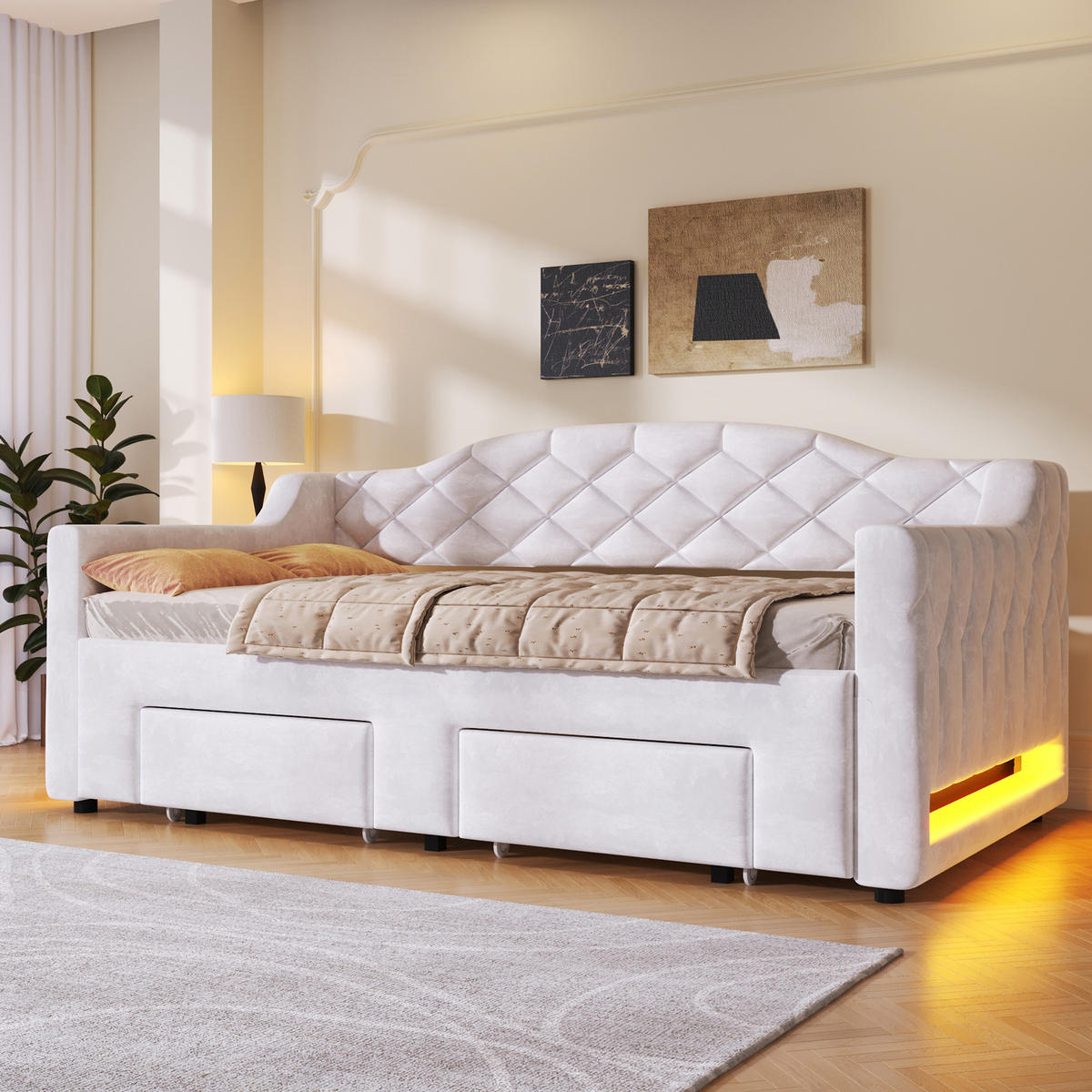 SCHLAFSOFA 90/200 cm & 180/200 cm in Weiß mit 2 Schubladen, LED und Samt - Schwarz/Weiß, Holzwerkstoff/Textil (90/200cm) - STILVORA