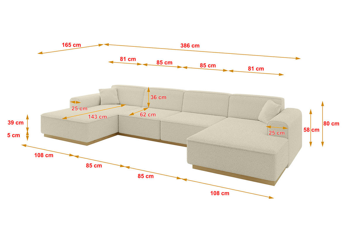 WOHNLANDSCHAFT IREA-U2-v2 - 386x165x80 cm Beige - Creme, Holzwerkstoff/Textil (386/80/165cm) - ALTDECOR