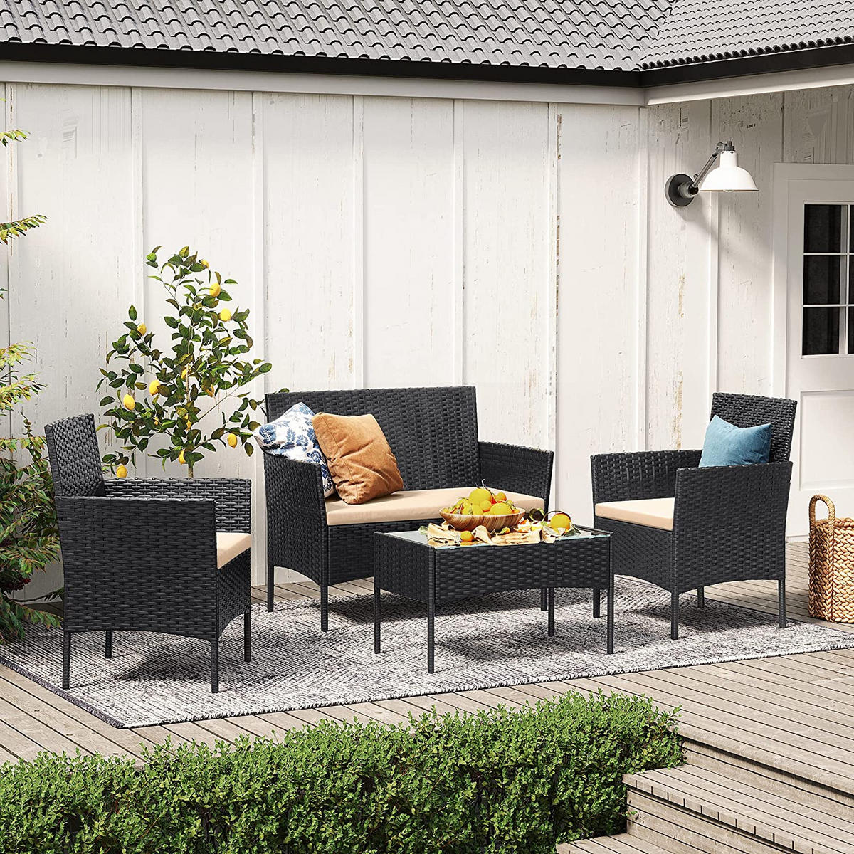 SITZGRUPPE 4-TEILIG GARTENMÖBEL-SET - Schwarz, Metall - Hansiro