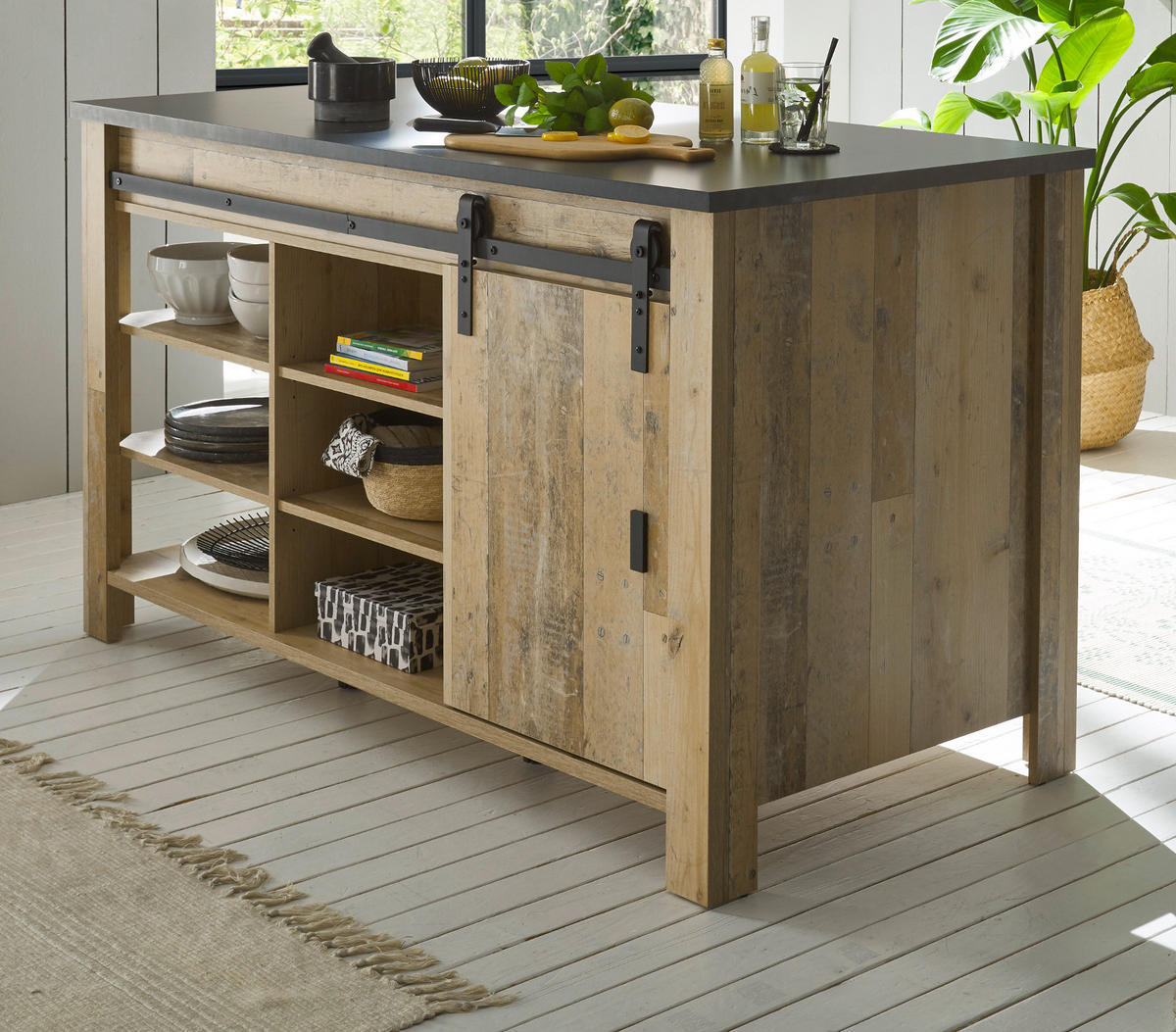 KÜCHENINSEL Used Wood, anthrazit 162 cm, Kochinsel mit Soft-Close - Anthrazit/Schwarz, Holzwerkstoff/Metall (162/93/77cm) - Furn.Design