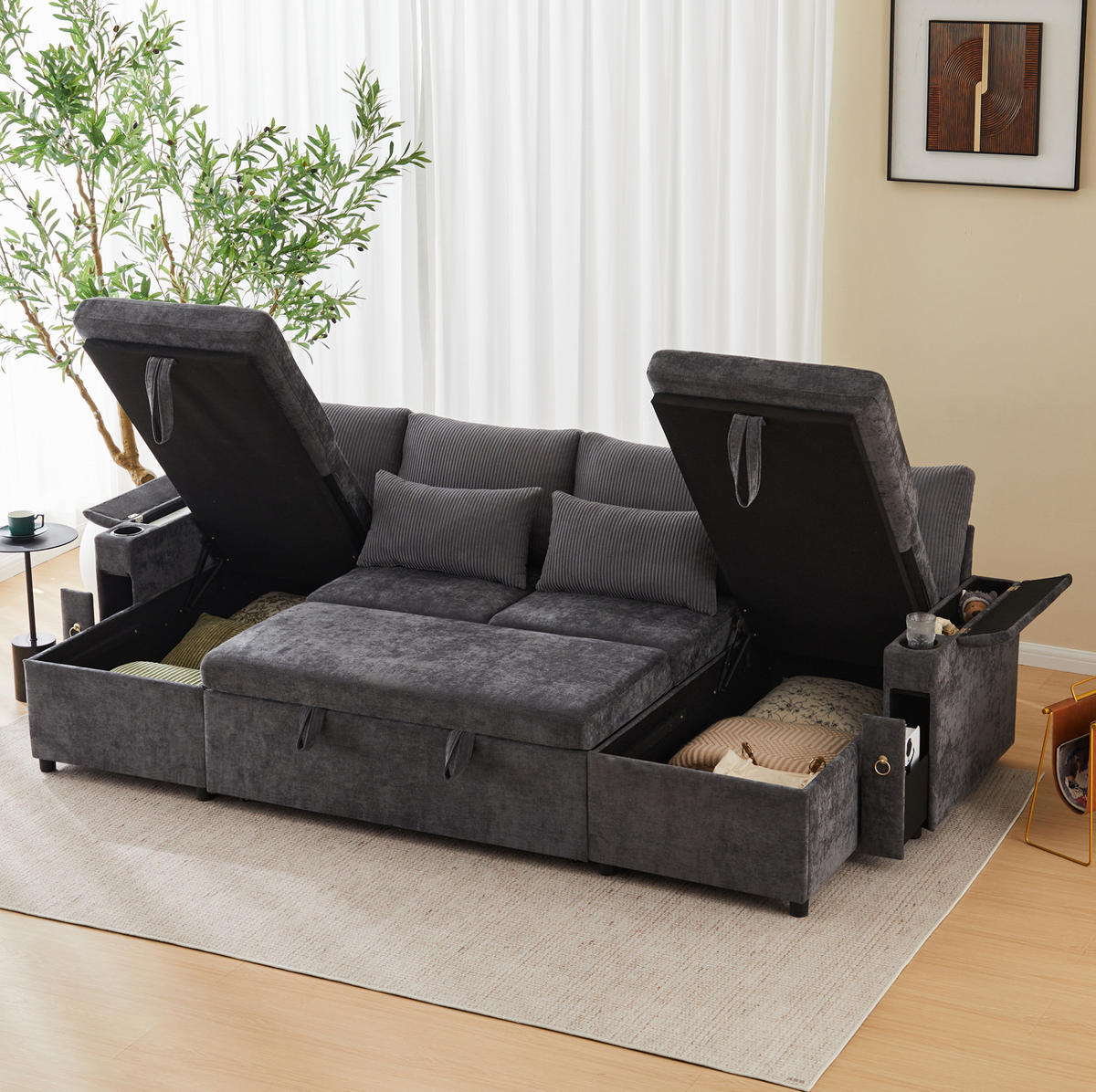 SCHLAFSOFA aus Chenille & Cord 272x131x84 cm in Grau mit Stauraum & Getränkehaltern - Grau, Textil (272/84/131cm) - Modfu
