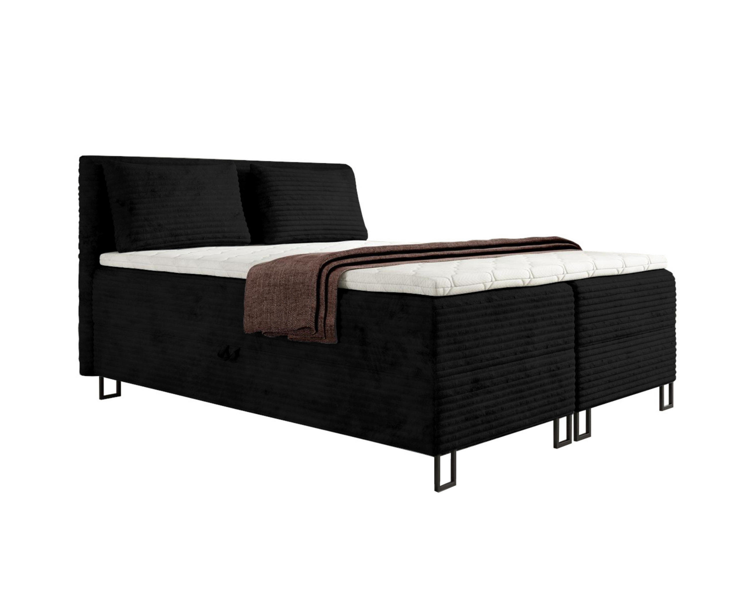 BOXBETT TEXAS 140/200 in Cord Schwarz mit Taschen-Federkernmatratzen 7 Zonen H4 - Schwarz, Holz/Holzwerkstoff (140/200cm) - Deine Möbel 24