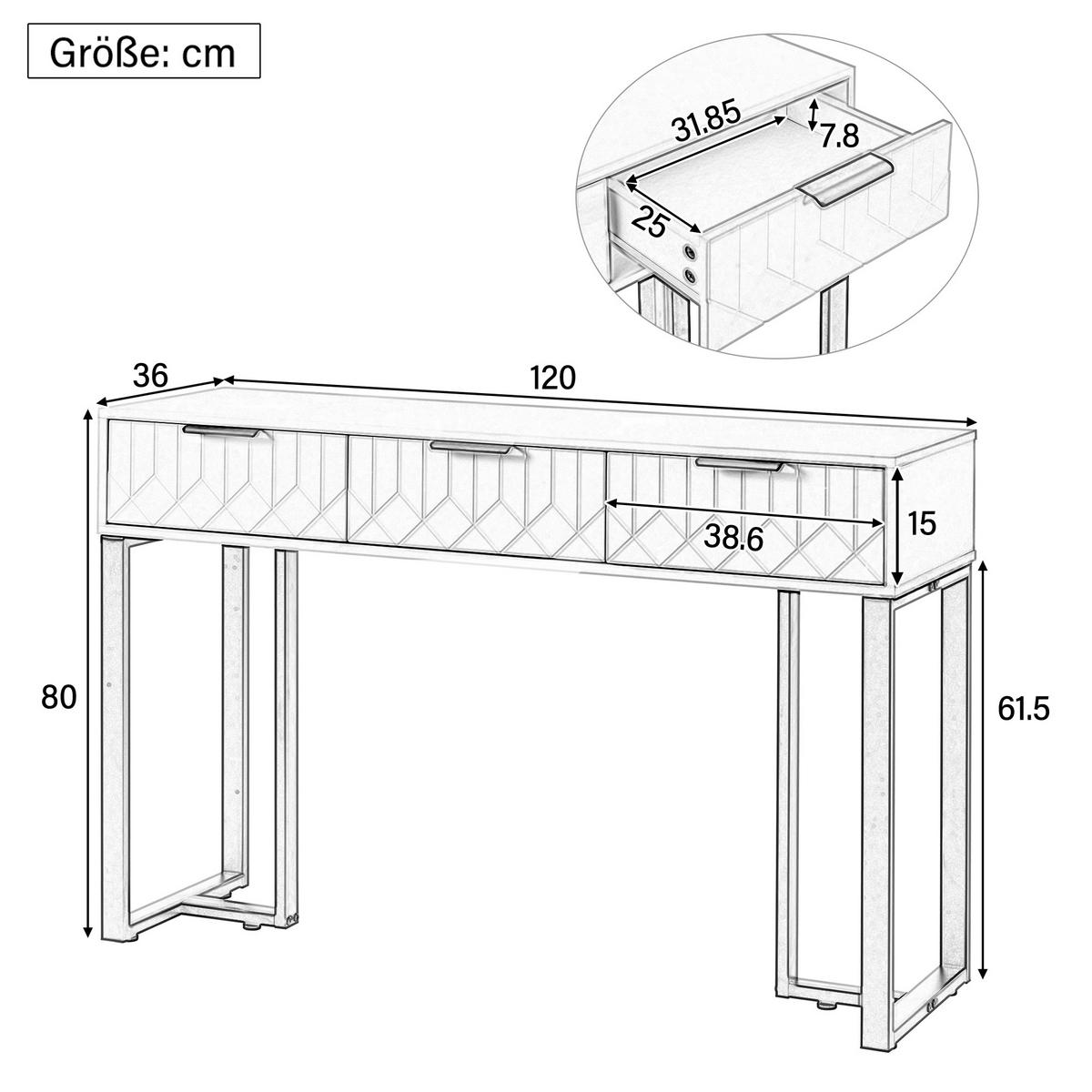 KONSOLENTISCH 120/36/80 cm weiß/gold aus MDF mit 2 Schubladen und verstellbaren Fußpolstern - Weiß, Holzwerkstoff (120/36/80cm) - OKWISH