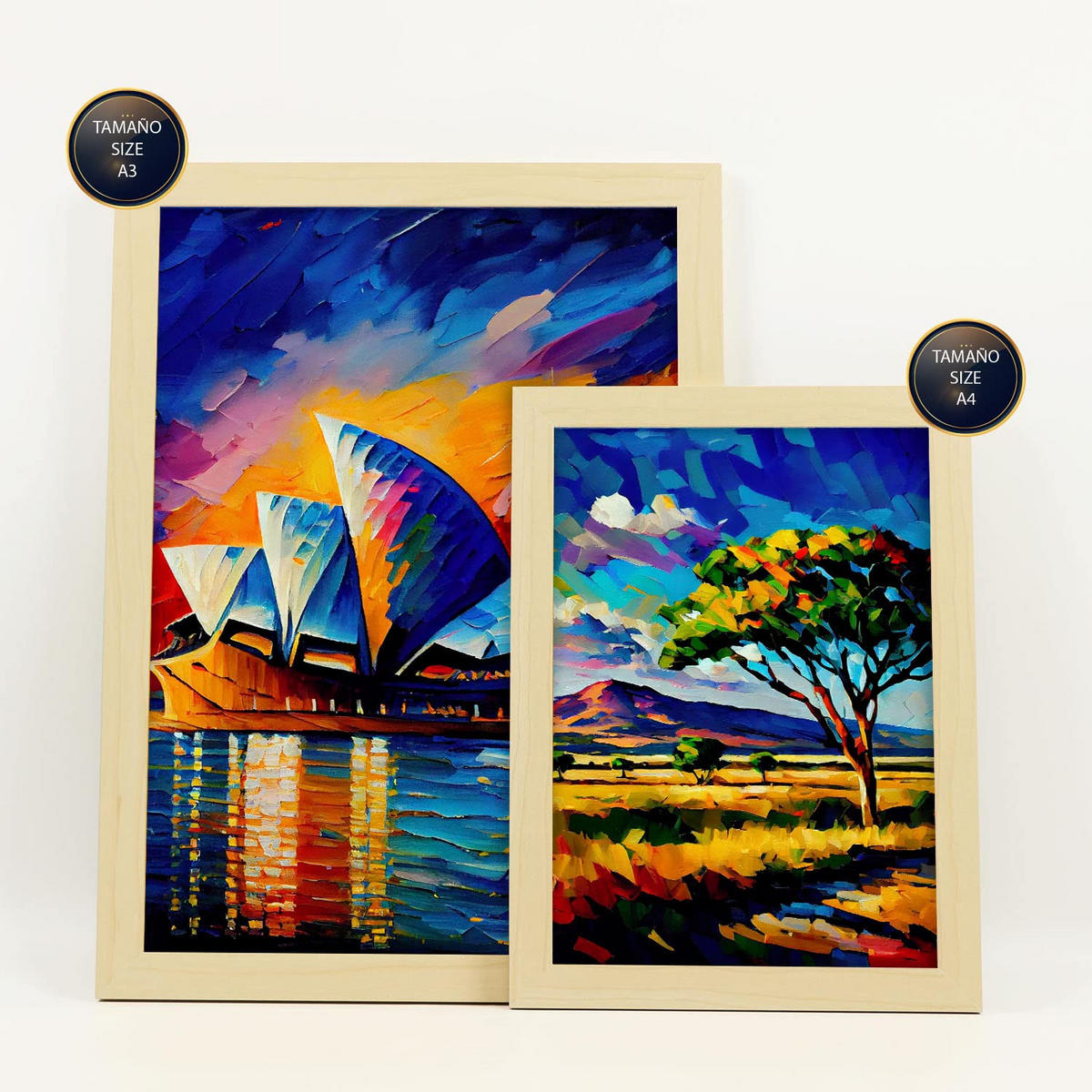 POSTER Set Mit 6 Erhöht Im Ölgemälde Stil A3 & A4 Rahmen Aus Hellem Holz - Beige, Papier (29/3cm) - Nacnic