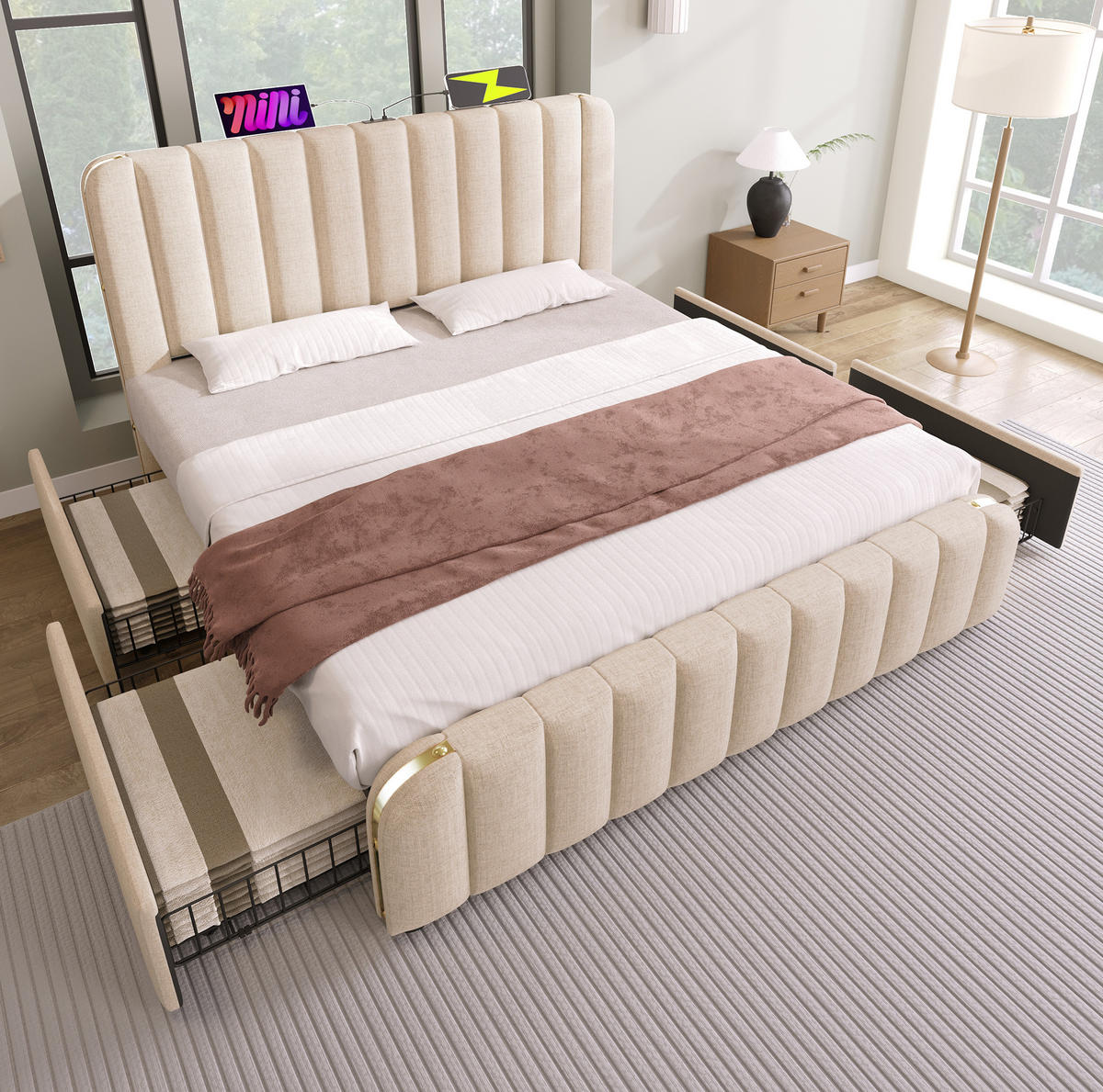 POLSTERBETT aus Leinen 180x200 cm Beige mit 4 Schubladen, USB-/USB-C-Anschluss und Matratze - Beige, Textil (180/200cm) - IVMEU