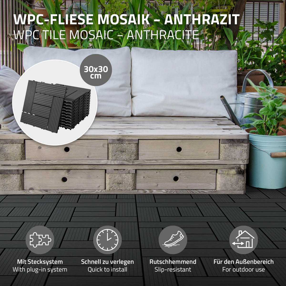TERASOVÁ DLAŽBA antracitová 44 kusů - antracitová, kompozitní dřevo (30/30/2cm) - ECD-Germany