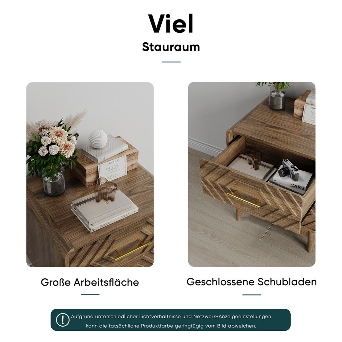 NACHTTISCH mit 2 Schubladen in Walnuss-Optik - Geometrischem 3D-Muster & Goldenen Griffen - Abgerundeten Ecken - Walnussfarben, Holzwerkstoff (38/56/48cm) - DELFA