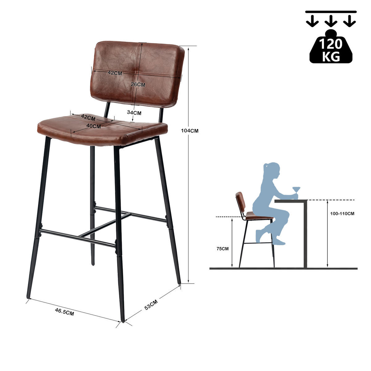 BARHOCKER-SET 4 Stück in Eisen Kunstleder - Braun, Metall (46.5/104/53cm) - Meubles Cosy