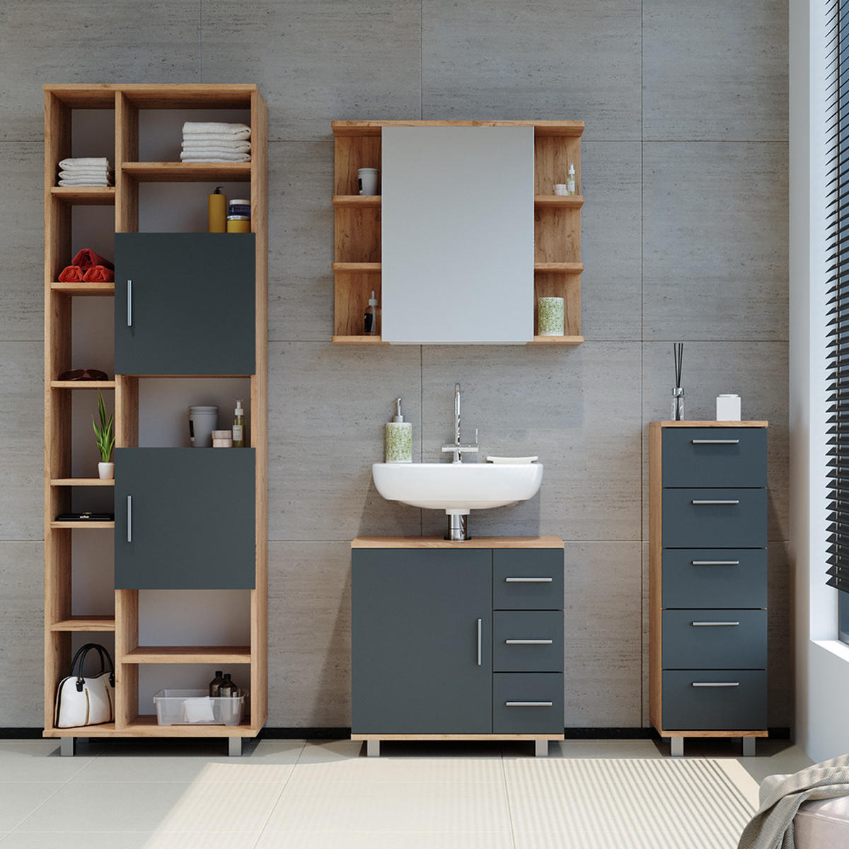 BADSCHRANK Ilias Goldkraft Eiche 30 x 95 cm - Eiche Wotan, Holzwerkstoff (30/95/30cm) - Vicco