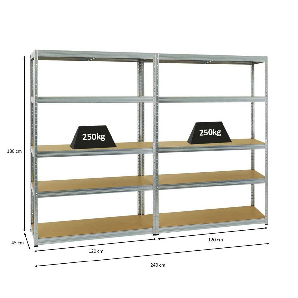 SCHWERLASTREGAL Big Elephant S 2er-Set mit 2x 180x120x45 cm Fachlast 250 kg Verzinkt - Silberfarben, Metall (240/180/45cm) - PROREGAL