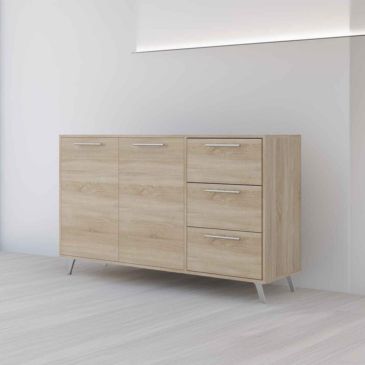 KOMMODE ELISE 140/86/41cm mit 3 Schubladen 2 Türen Sonoma Eiche - Sonoma Eiche, Holzwerkstoff (140/86/41cm) - MASSENO