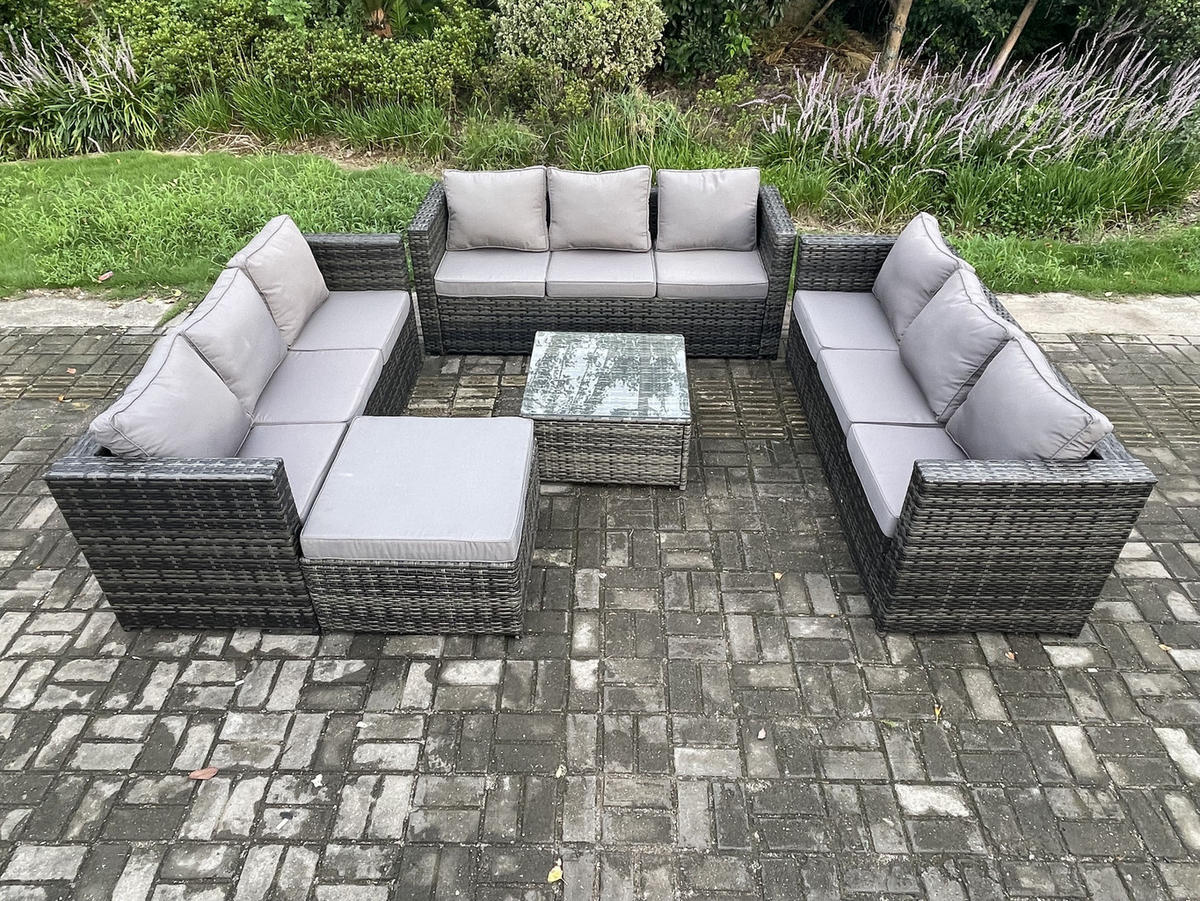 GARTENTISCHGRUPPE Polyrattan 9-Sitzer - Dunkelgrau, Metall - Fimous