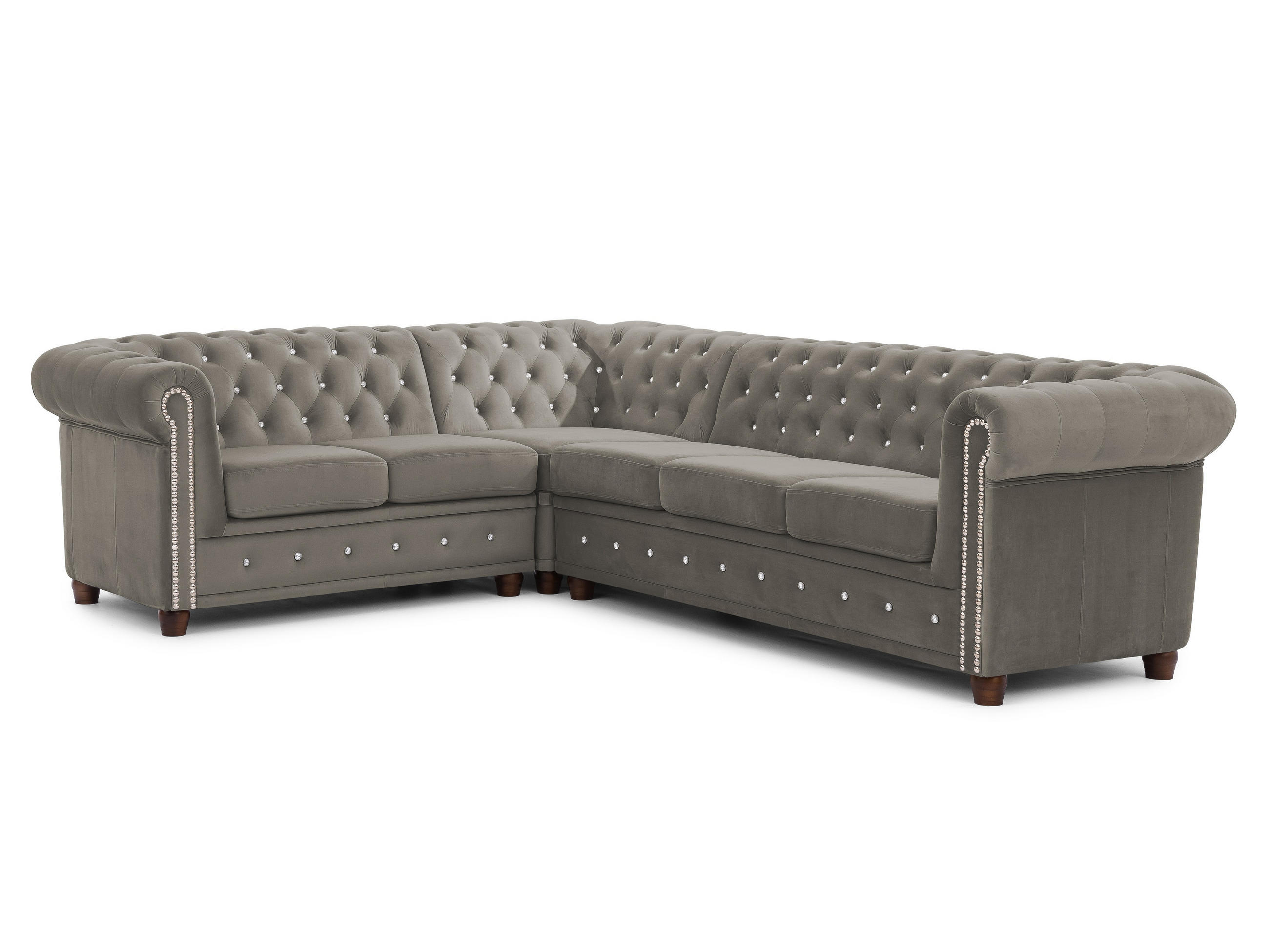 ECKSOFA Chesterfield Cleo Blink Grau Samt mit Kristallsteppung und braunen Massivholzfüßen - Ottomane Links - Braun/Grau, Holz/Textil (264/210cm) - S-Style Möbel