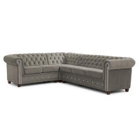 ECKSOFA Chesterfield Cleo Blink Grau Samt mit Kristallsteppung und braunen Massivholzfüßen - Ottomane Links - Braun/Grau, Holz/Textil (264/210cm) - S-Style Möbel