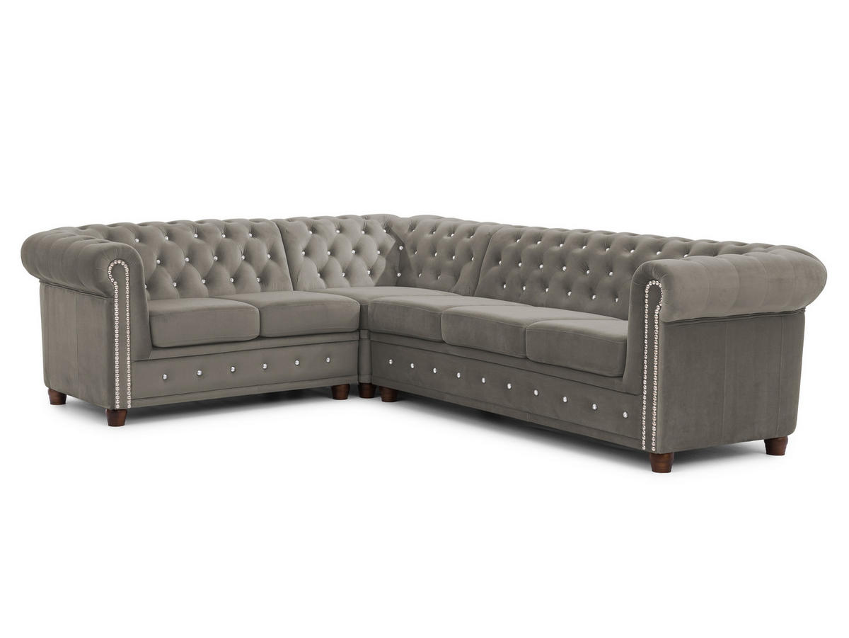 ECKSOFA Chesterfield Cleo Blink Grau Samt mit Kristallsteppung und braunen Massivholzfüßen - Ottomane Links - Braun/Grau, Holz/Textil (264/210cm) - S-Style Möbel