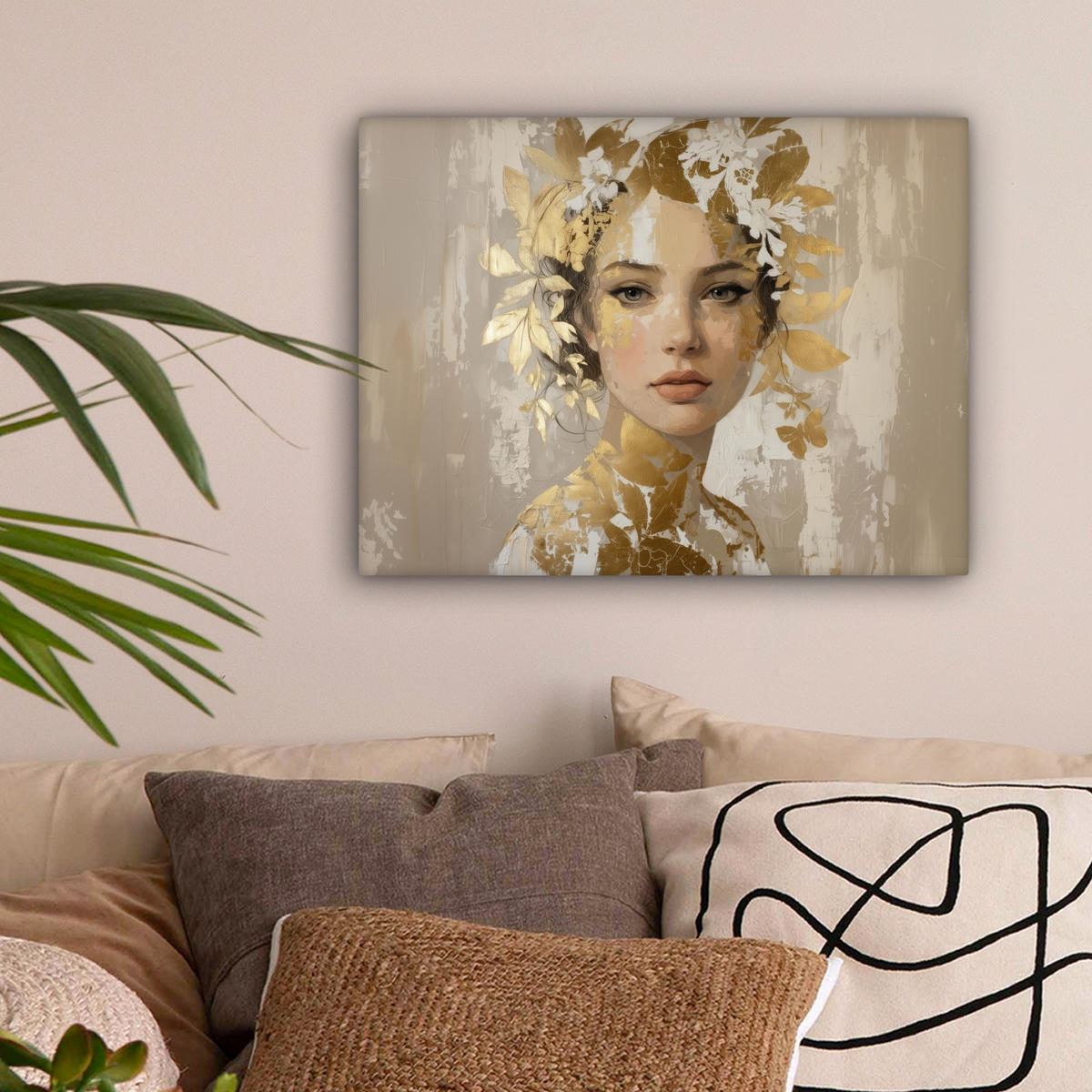 LEINWANDBILD Gesicht - Frau - Blätter - Gold Wandbild 40x30 cm - Beige, Textil (40/30cm) - MuchoWow