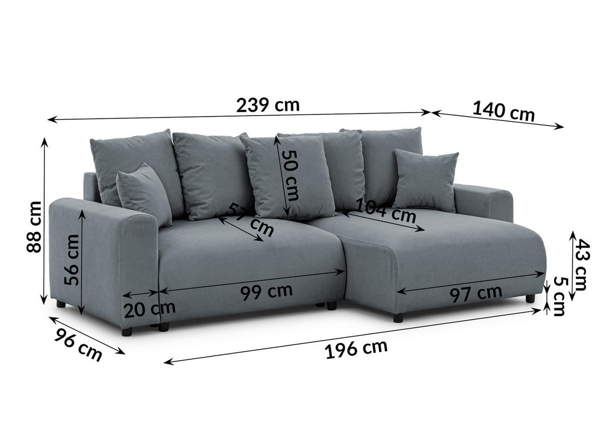 ECKSOFA Calma mit Schlaffunktion und Bettkasten im Bumpy-Design aus weichem Dunkelgrau Webstoff - Ottomane rechts - Dunkelgrau/Schwarz, Holz/Kunststoff (140/239cm) - S-Style