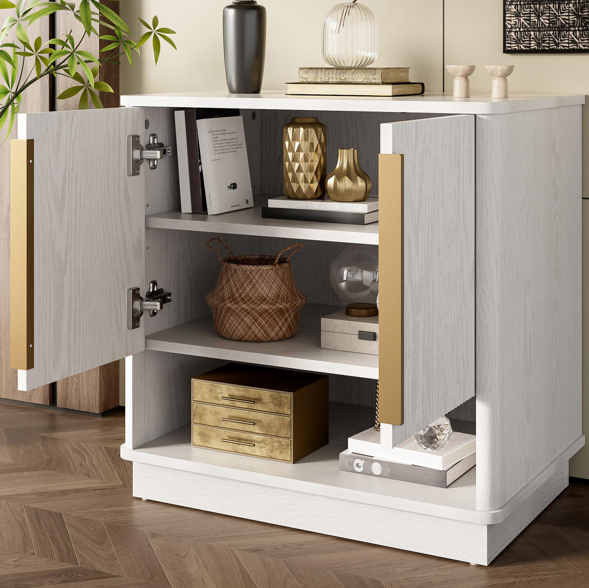 SCHUHSCHRANK 60/40/61 cm mit 2 Türen, offenem Fach und verstellbaren Einlegeböden aus MDF, Weiß in Holzoptik - Weiß, Holzwerkstoff (60/61/40cm) - Redom