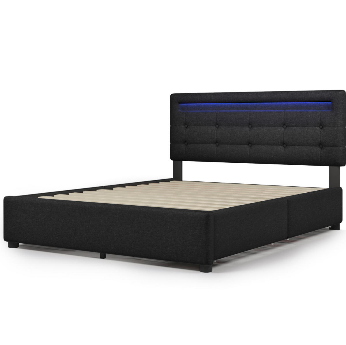 BETT mit LED und 4 Schubladen 140x200 cm Leinen Schwarz - Schwarz, Metall (140/200cm) - Meubliv