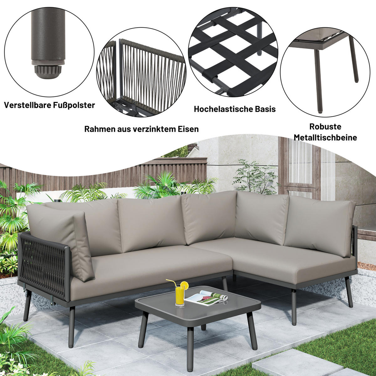 GARTEN-LOUNGE-SET mit Eisenrahmen & Seil, 2 Sofas 120/60/72 cm + Tisch 53/53/36 cm, Grau - Grau, Metall - Redom