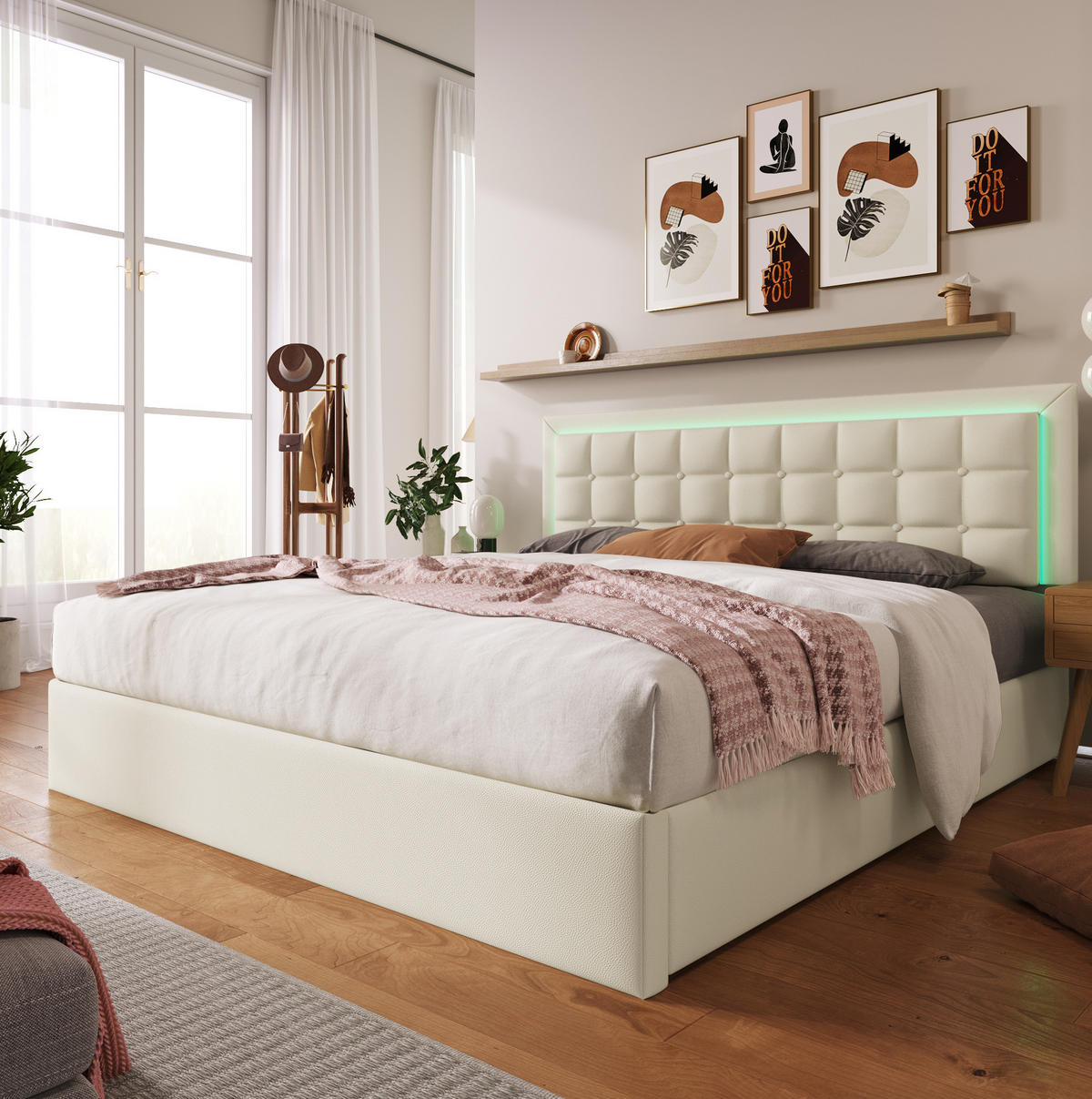 POLSTERBETT 180/200 cm mit hydraulischem Bettkasten, LED-Beleuchtung & höhenverstellbarem Kopfteil,Weiß - Weiß, Kunststoff (180/200cm) - Redom