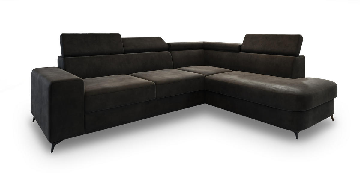 ECKSOFA ALVORO R-S Schwarz Velours-Stoff mit Schlaffunktion - Schwarz, Holz (253/190cm) - MASSENO