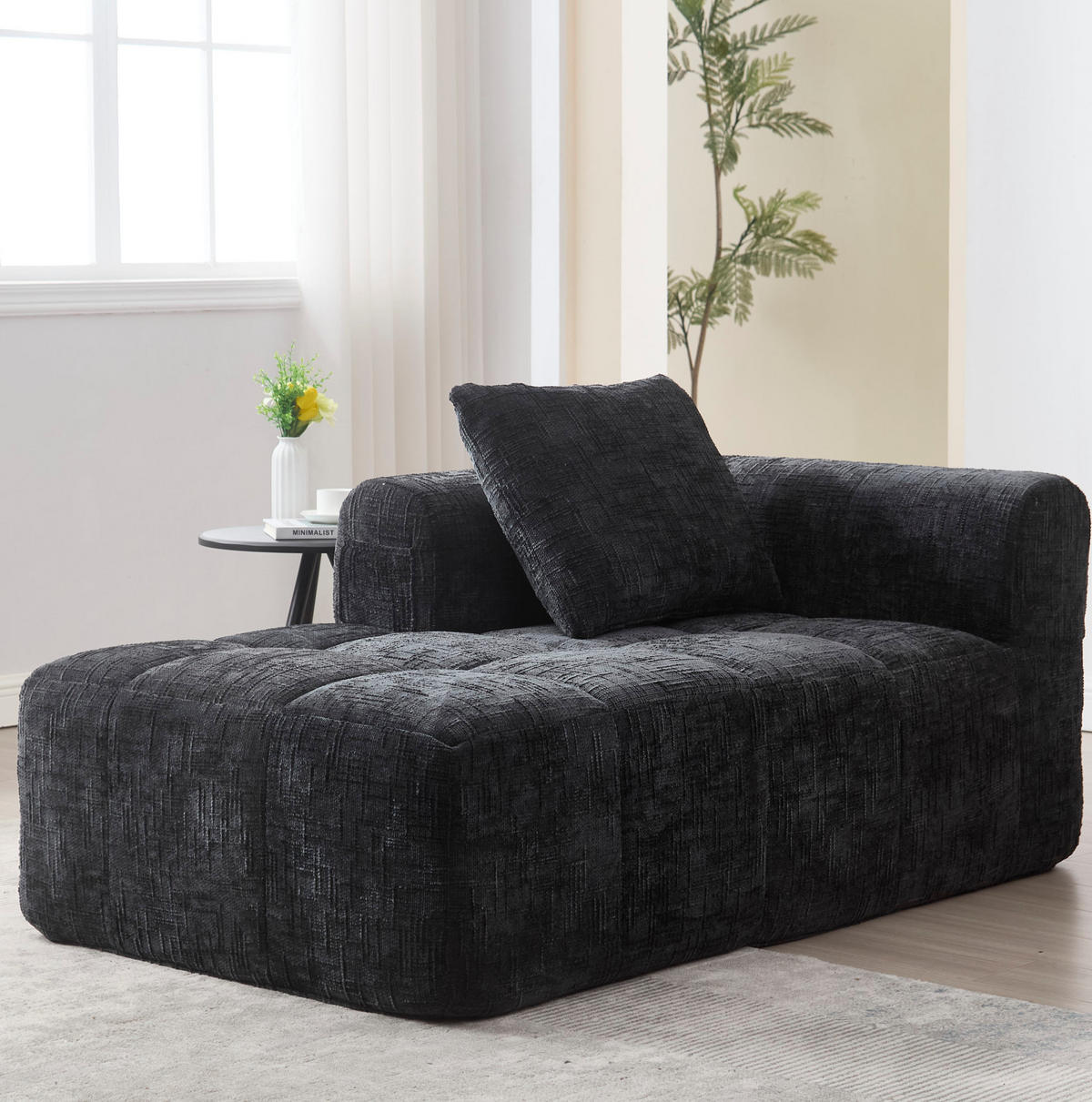 SOFA Chaiselongue 158 x 90 x 60 cm Chenille Black mit Seitentaschen - Schwarz, Kunststoff (90/60/158cm) - Meubliv