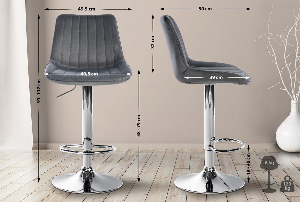 BARHOCKER Samt dunkelgrau - Chromfarben/Dunkelgrau, Textil/Metall (49.5/91/50cm) - CLP