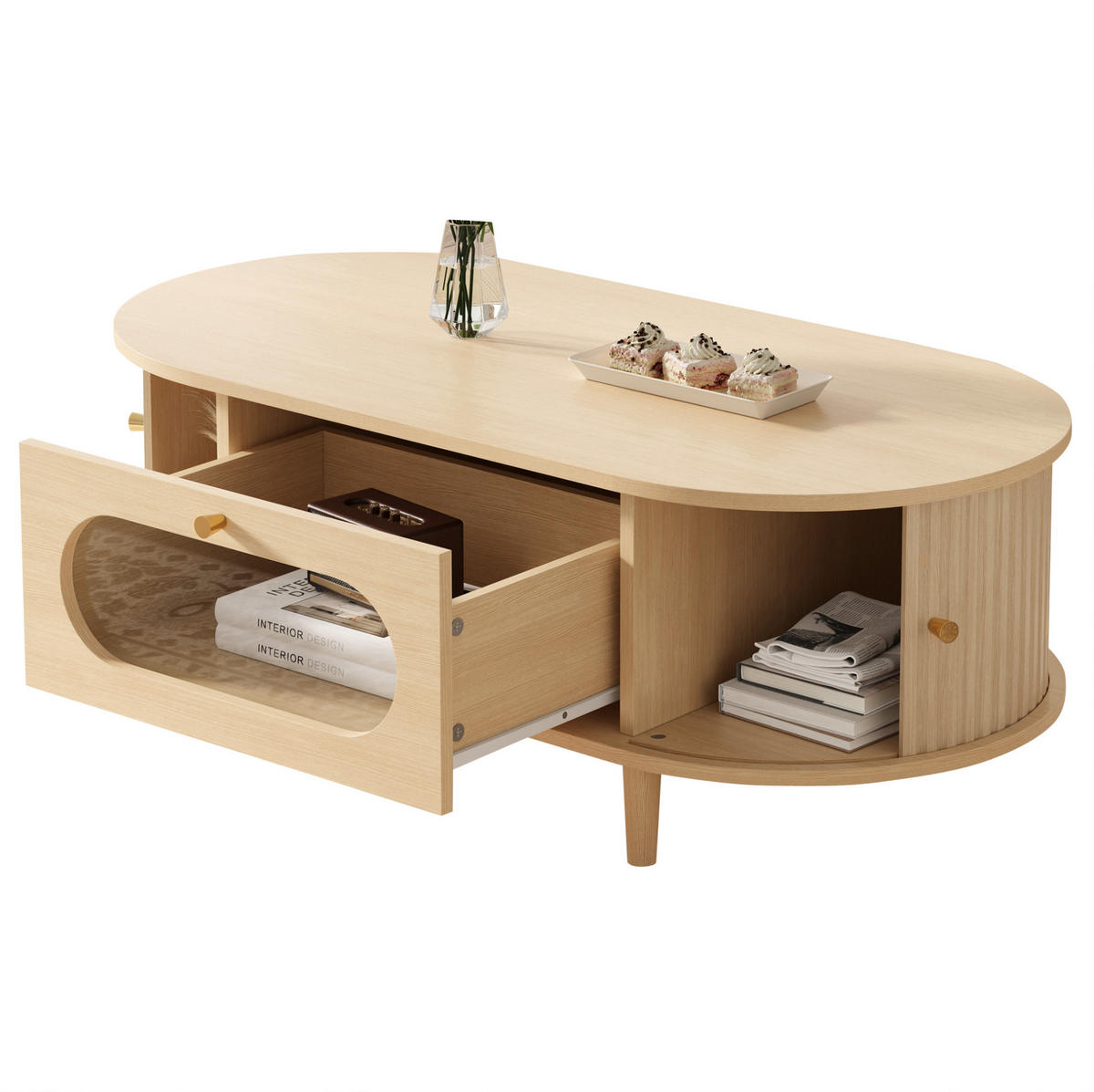 KONFERENČNÍ stolek 100/50/36 cm, dekor dub, MDF, se zásuvkou a roletkami - barva dubu, kompozitní dřevo (100/50/36cm) - BEAOK