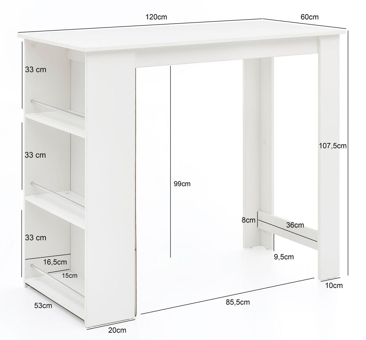 KÜCHENTRESEN GANDER Edelstahl 3 Fächer Ablage, Weiß 120x60x107 cm - Weiß, Holz/Metall (120/107/60cm) - KADIMA DESIGN