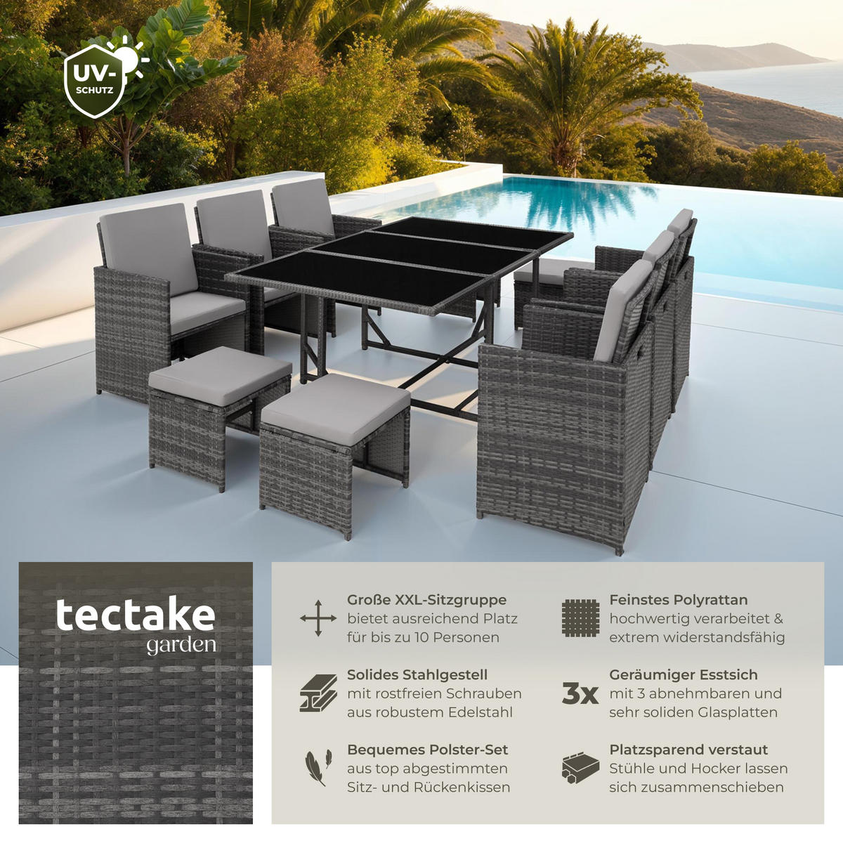 RATTAN SITZGRUPPE Malaga,zusammenschiebbar, inklusive Schutzhülle,grau - Grau, Kunststoff - tectake