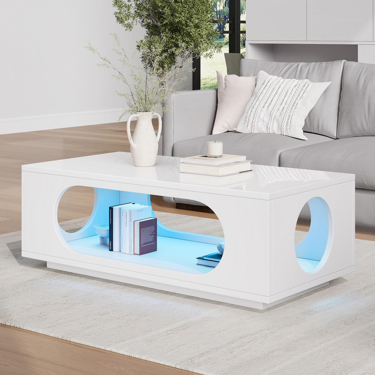 COUCHTISCH LED Weiß App-Steuerung 100x50x35cm MDF Stauraum - Weiß, Holzwerkstoff (100/50/35cm) - FLIEKS
